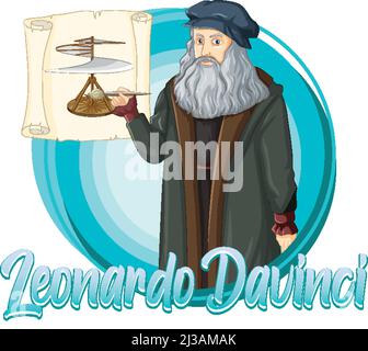 Personaggio Leonardo da Vinci in illustrazione stile cartoon Illustrazione Vettoriale