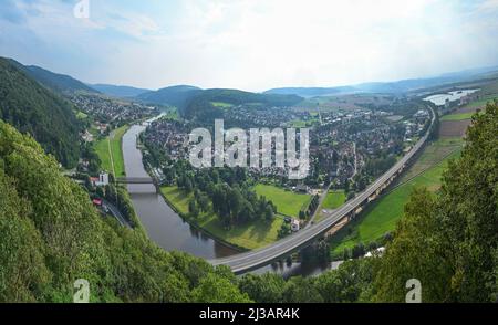 Vista dal Eckberg, Muenchhausenstadt Bodenwerder, bassa Sassonia, Germania Foto Stock