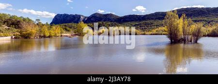 Vista del Pic Saint Loup dal Lac de la Jasse. Saint-Martin-de-Londres, Occitanie, Francia Foto Stock