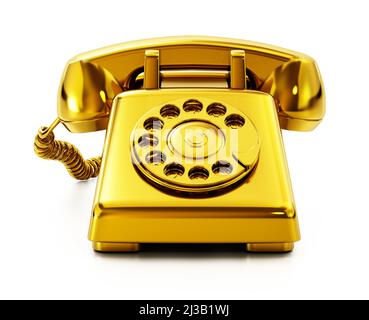 Telefono rotante retro dorato isolato su sfondo bianco. 3D illustrazione. Foto Stock