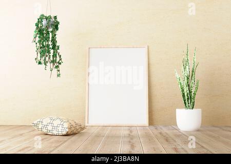 Mockup telaio verticale in piedi su pavimento di legno in soggiorno interno con piante verdi, pentole di ceramica e cuscino su sfondo muro di cemento. 3d illu Foto Stock