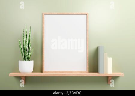 Piccola cornice verticale in legno mockup in stile scandinavo, pianta verde su vaso in ceramica e colori pastello libri su una mensola in legno sul retro verde parete Foto Stock
