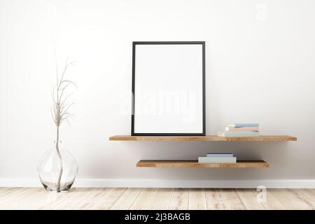Cornice nera su scaffale rustico in legno, libri color pastello, pianta secca in una brocca di vetro a pavimento, in luminoso soggiorno interno.3D illustrati Foto Stock