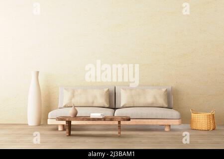 Accogliente mockup interno in stile neutro con divano basso, caraffa in ceramica, tavolino laterale su fondo parete vuoto in cemento. 3d illustrazione. Foto Stock