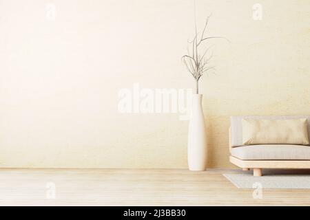 Parete interna mockup in calde neutrali con divano basso, cuscino beige e pianta secca su vaso in ceramica in stile soggiorno con parete vuota backgro Foto Stock