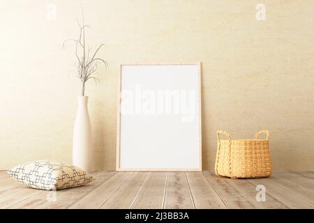 Telaio verticale mockup in piedi su pavimento di legno in soggiorno interno con pianta secca, cesto tessuto e cuscino su fondo parete di calcestruzzo. 3d illus Foto Stock