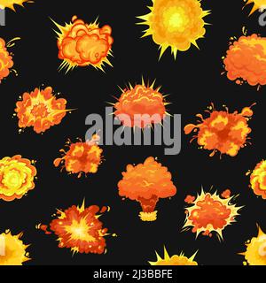 Modello senza giunture con nubi di esplosione della bomba. Sfondo o sfondo, tessuto vettoriale o stampa di tessuto con burst di cartone animato, esplosivi detonazione blasti e bomba esplosione lampi sentieri Illustrazione Vettoriale