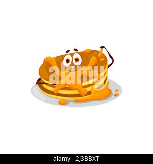 Frittella cartoon con caramello e miele o sciroppo d'acero e burro. Il carattere vettoriale del cibo della colazione, la pila cute di pancake caldi o crepes con i condimenti dolci e il viso sorridente felice, il delizioso dessert emoji Illustrazione Vettoriale