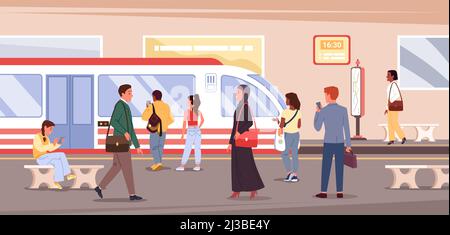 La folla di gente dei cartoni animati viaggia, aspetta e si alza in piedi sulla piattaforma con il treno della metropolitana di fondo. Concetto di trasporto cittadino. Stazione metropolitana Illustrazione Vettoriale