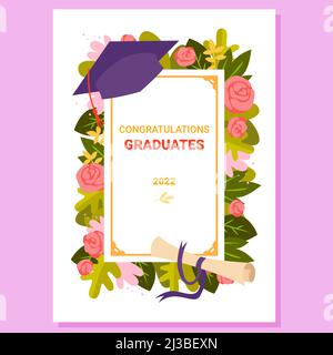 Tessera di congratulazioni laureate con diploma e cappello Illustrazione Vettoriale