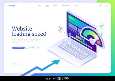 Velocità di caricamento del sito Web pagina di destinazione isometrica. Concetto digitale di ottimizzazione del sito mobile, notebook con tachimetro sullo schermo. Traffico veloce della pagina Internet Illustrazione Vettoriale