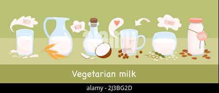 Set di latte vegetariano alternativo senza lattosio, bevande diverse in bicchiere, bottiglia, ciotola Illustrazione Vettoriale