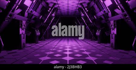Alien SciFi Corridor Hangar Basement sotterraneo corridoio avanzato Violet colori sfondo sfondo sfondo Interdimensionale usato per Clubs 3D Illustrazione Foto Stock