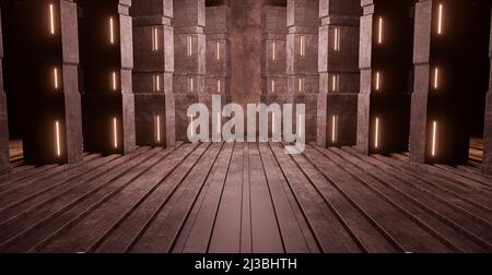 Sconosciuto Alien Hangar Tunnel futuristico corridoio Cyberpunk Notte rame marrone Beige Banner sfondo Alien futuristico concetto per Graphic Design 3D Ill Foto Stock