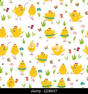 Polli carini in diverse pose, fiori e farfalle modello senza cuciture. Polli di Pasqua. Pollame. Illustrazione vettoriale Illustrazione Vettoriale