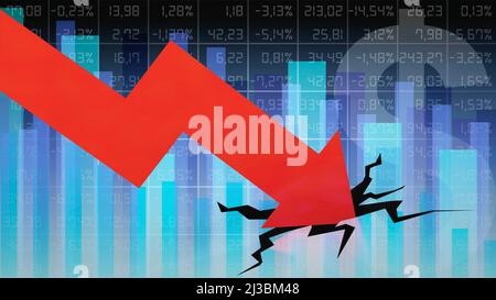 Illustrazione sul tema del crollo del mercato azionario, crisi finanziaria, avviso di profitto, ecc. Foto Stock