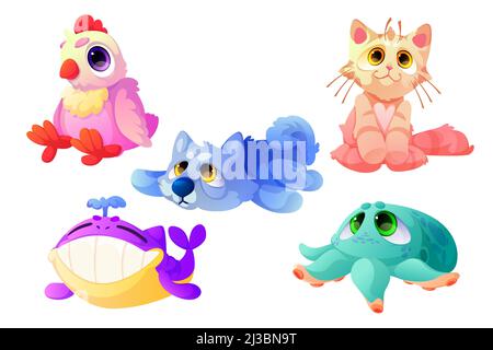 Morbidi animali, divertenti giocattoli morbidi per bambini. Set di cartoni animati vettoriali di simpatici giochi, grazioso cane tessile, gatto, gallo, balena e polpo. Animali domestici a Illustrazione Vettoriale