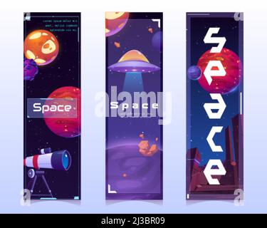 Segnalibri spaziali con pianeti alieni, navicella spaziale e telescopio su sfondo cosmo. Banner verticali vettoriali con cartoni animati raffiguranti il cielo scuro con s Illustrazione Vettoriale