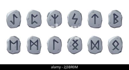 Pietre di rune con glifi sacri per il design del gioco isolato su sfondo bianco. Set vettoriale di cartoni animati di pietre antiche con segni magici incisi, scandinavo Illustrazione Vettoriale