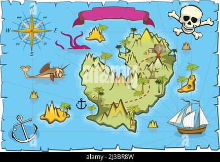 Modello mappa pirata. Treasure Island in mare blu Illustrazione Vettoriale