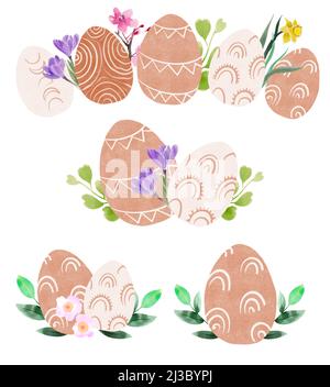 Carino carte di Pasqua con divertente coniglietto, uova, composizioni floreali, piante, foglie, fiori. Ciao Pasqua biglietti d'auguri in stile boho Foto Stock