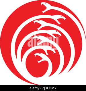 Sette testa Hydra simbolo ouroboros stile rosso e bianco Illustrazione Vettoriale