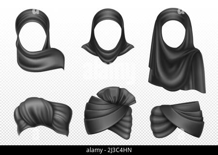 Turbanti neri e hijab, indirizzo indiano e arabo per uomo e donna. Set realistico vettoriale di foulard avvolgente, tradizionale musulmano e tessuto islamico Illustrazione Vettoriale