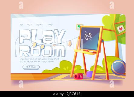 Banner per sala giochi con mobili e giocattoli per bambini. Vettore landing page, asilo o centro di cura con cartone animato interno di stanza vuota del nursery con Illustrazione Vettoriale