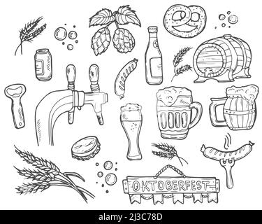 Set di birra e spolieri di birrifici. Stile di schizzo disegnato a mano. Illustrazione vettoriale isolata. Illustrazione Vettoriale