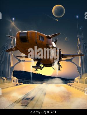 Nave spaziale che atterra su una futuristica piattaforma di base a stella su un panetto alieno, 3D rendering. Foto Stock