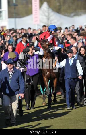 Vincitore della Gold Cup A Plus Tard indollato da Rachael Blackmore Day Four, Gold Cup Day al Cheltenham Racecourse Gold Cup Festival folle foto b Foto Stock