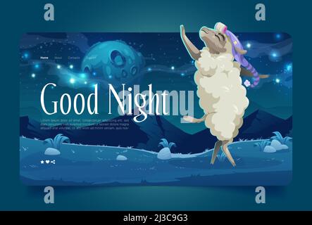 Buona notte cartoon landing page, agnello indossare cappello danzante sul prato sotto cielo stellato con luna piena. Simpatico personaggio di pecora divertente sogno, notte Illustrazione Vettoriale