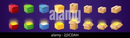 Scatole regalo e cartone per il design della gui dei giochi. Set di cartoni animati vettoriali di colorati pacchetti regalo con premi, premi o sorprese e pacchi in cartone. Chiudi Illustrazione Vettoriale