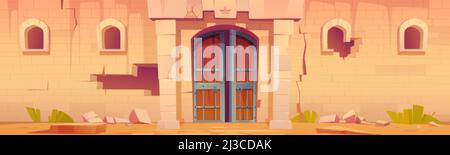 Antico castello medievale con porte di legno aperte e muro di pietra rotto. Illustrazione vettoriale di cartoni animati dell'esterno della fortezza abbandonata con simbolo reale sopra d Illustrazione Vettoriale