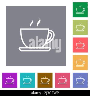 Tazza di caffè contorno icone piatte su sfondi quadrati di colore semplice Illustrazione Vettoriale