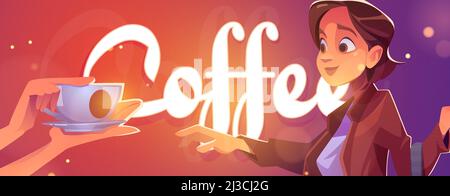 Il poster del caffè con la donna prende la tazza bianca con la bevanda calda. Banner vettoriale con illustrazione cartoon delle mani di ragazza e cameriera che tengono la tazza con caffè. F Illustrazione Vettoriale