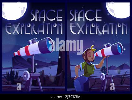 Poster esplorativi dello spazio con donna e telescopio di notte. Volantini vettoriali con illustrazione cartoon ragazza che guarda stelle, luna e pianeti su cielo scuro Illustrazione Vettoriale