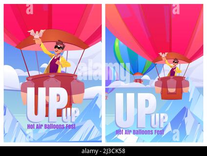 Bollature ad aria calda fest cartoni animati poster. Uomo eccitato con colomba a portata di mano che vola su di montagne in cielo blu nuvoloso paesaggio vista, ballon festival Illustrazione Vettoriale