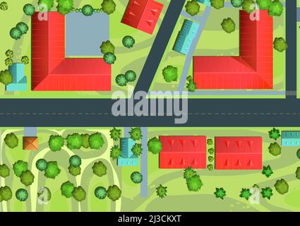 Percorso asfalto con contrassegni. Strade della città. Vista dall'alto. Piccola casa di città e strada. Mappa con strade, alberi ed edifici. Auto moderna. Cartone animato Illustrazione Vettoriale