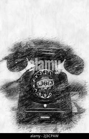 primo piano del vecchio telefono vintage in stile disegno a matita Foto Stock