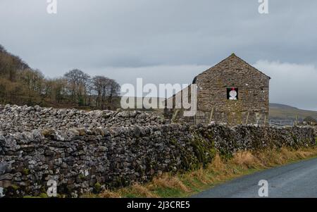 Nevaio festoso nella finestra di un vecchio fienile in pietra a Littondale illumina una giornata grigia, Yorkshire Dales, Inghilterra, Regno Unito Foto Stock