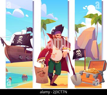 Segnalibri con pirata sulla spiaggia dell'isola, tesoro e nave con bandiera nera con cranio e crossbones. Banner verticali vettoriali con cartoon di cors Illustrazione Vettoriale