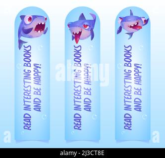 Segnalibri con divertente carattere squalo sott'acqua in mare. Banner verticali vettoriali con cartoon illustrazione di simpatico Predator fish sorrisi, saluto, craz Illustrazione Vettoriale