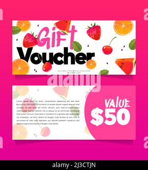 Buono regalo, buono shopping con frutta estiva, frutti di bosco e valore. Coupon speciale, modello di scheda promozionale per sconto al negozio o al bar, sconto, speciale Illustrazione Vettoriale