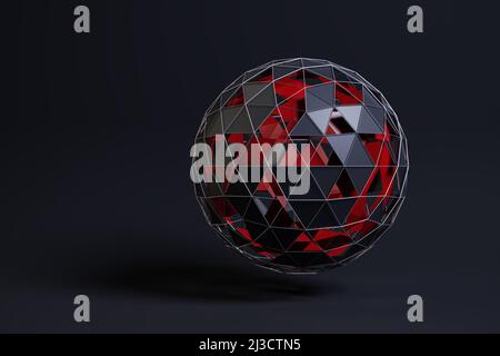 Sfera astratta costituita da triangoli neri riammati con qualche buco. Una seconda sfera in rosso all'interno. Sfondo scuro Foto Stock