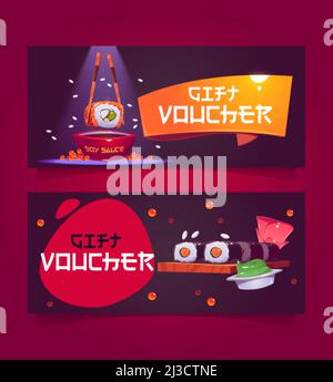 Modello di voucher regalo con illustrazione di sushi. Buono vettore per ristorante giapponese con cartoon tradizionale asiatico, panini di riso con pesce, soia sa Illustrazione Vettoriale
