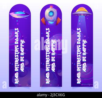 Segnalibri spaziali con navicelle spaziali sullo sfondo del cosmo. Banner verticali vettoriali con cartoni animati raffiguranti il cielo scuro con stelle, pianeti alieni, razzo Illustrazione Vettoriale