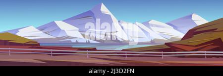 Paesaggio montano con lago, alberi sulla costa e strada con barriera metallica. Vettore cartoon illustrazione di paesaggio naturale con rocce bianche, conifero Illustrazione Vettoriale