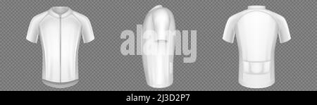 Uomo ciclismo maglia mockup vista anteriore, laterale e posteriore. Modello vettoriale realistico di divisa sportiva vuota per gara ciclistica. T-shirt bianca con maniche corte Illustrazione Vettoriale