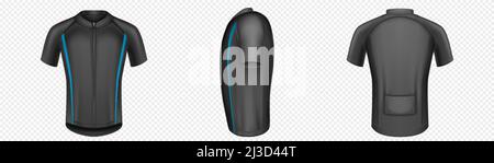 Maglia ciclabile, t-shirt nera vettoriale, abbigliamento sportivo vista anteriore, laterale e posteriore. Abbigliamento sportivo, camicia con maniche corte modello isolato su Illustrazione Vettoriale